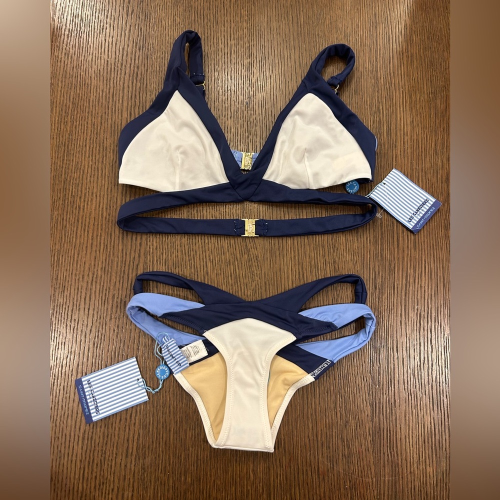 Navy and Cream Strappy Triangle Bikini Set